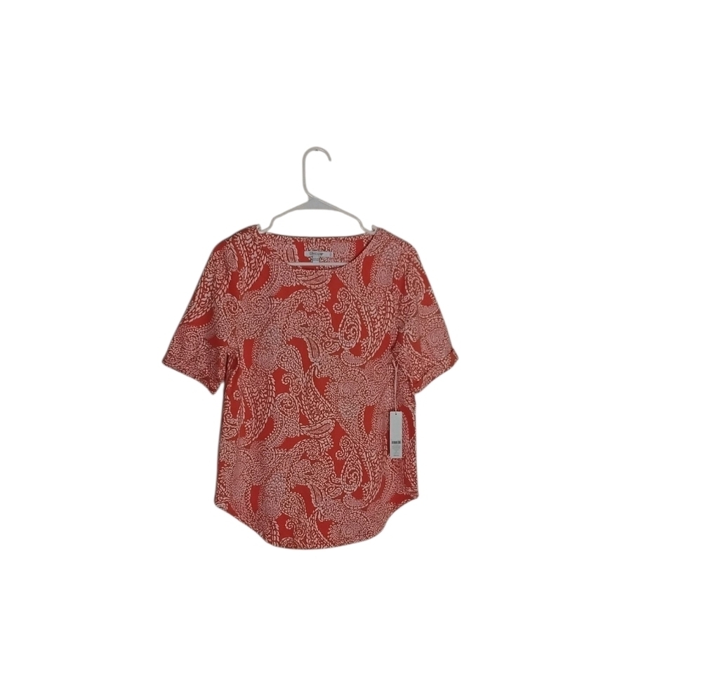 Chico's Women's S Orange White Paisley Short Sleeve Stretchy Pullover Top